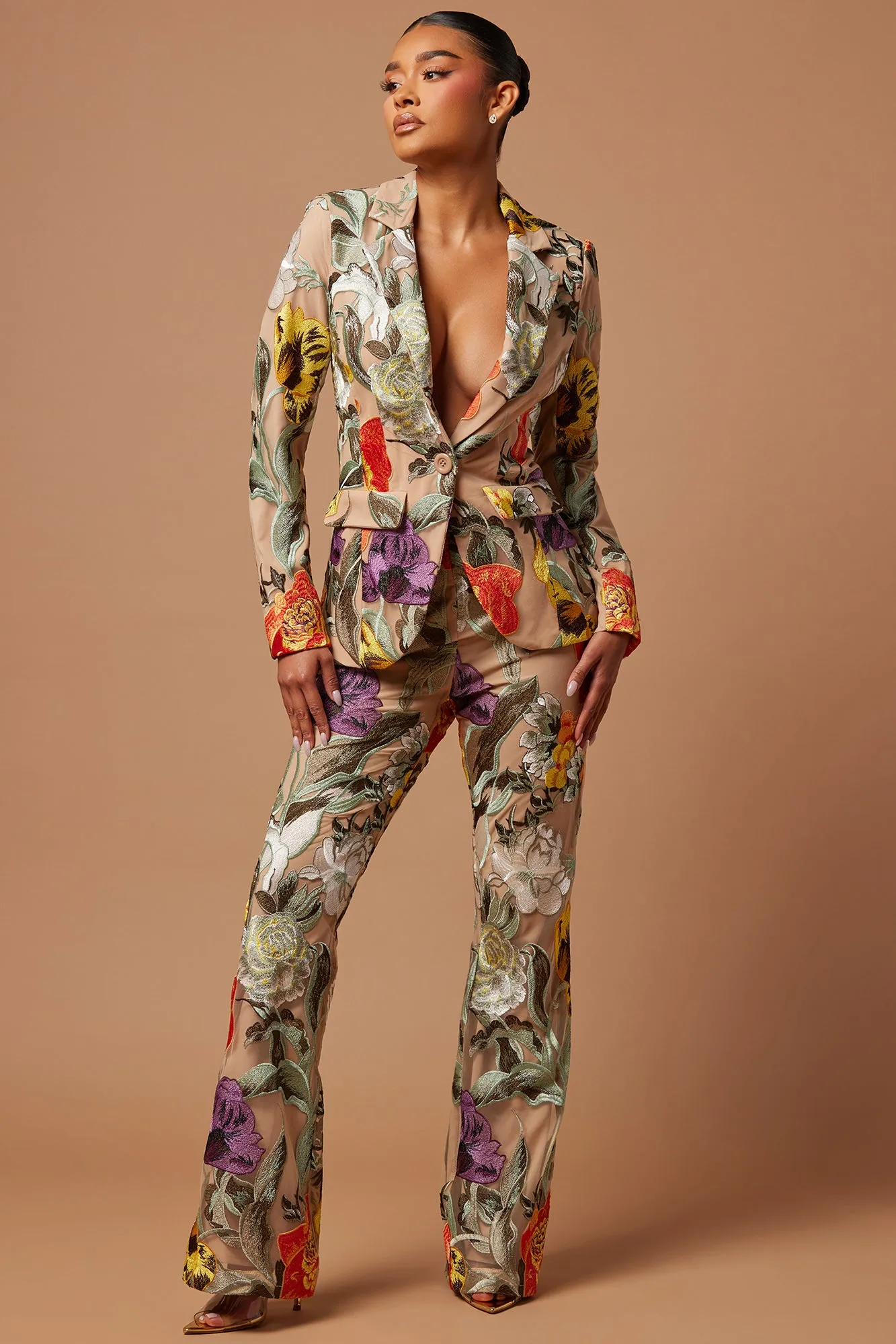 Adaila Floral Embroidered Blazer - Nude/combo