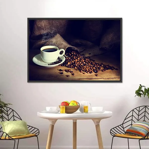 Coffee Cup & Coffee Beans Canvas Wall Art