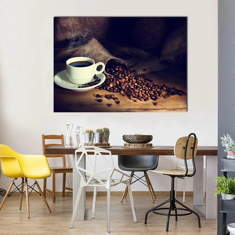 Coffee Cup & Coffee Beans Canvas Wall Art