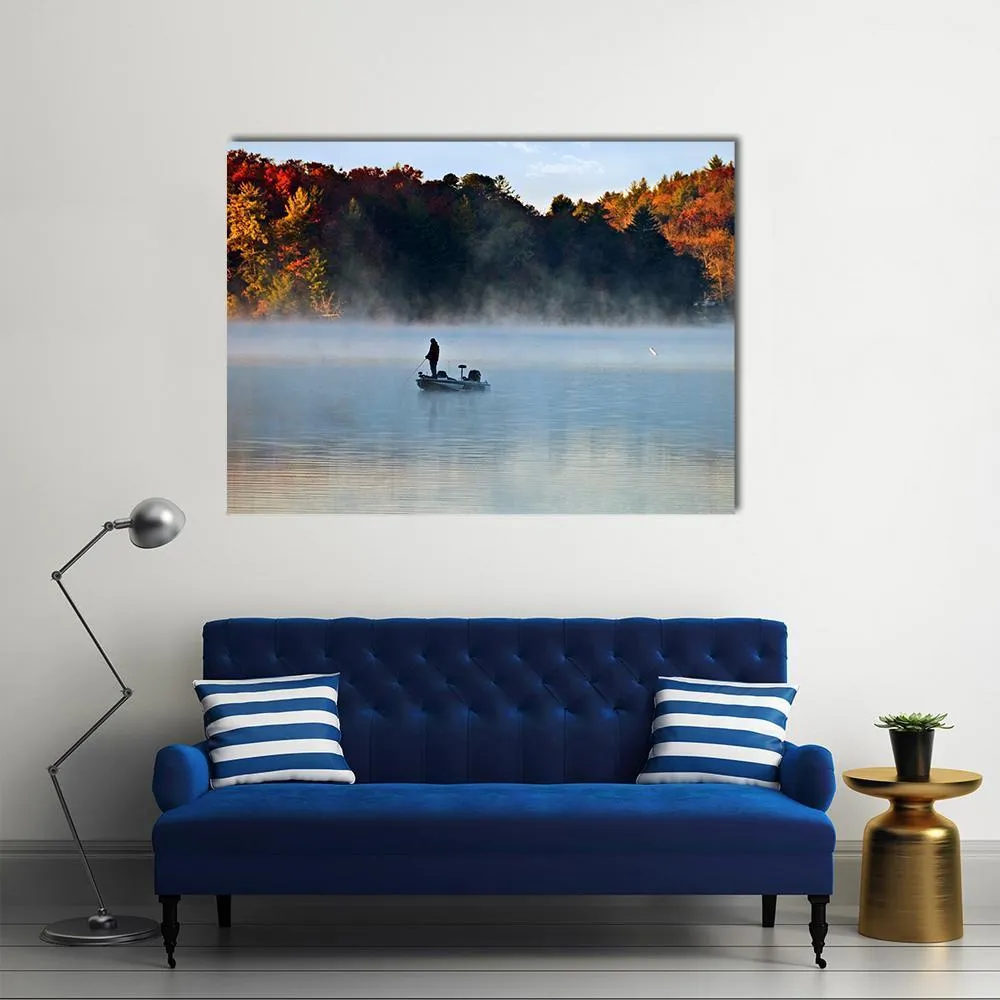 Fisherman In Foggy Morning Canvas Wall Art