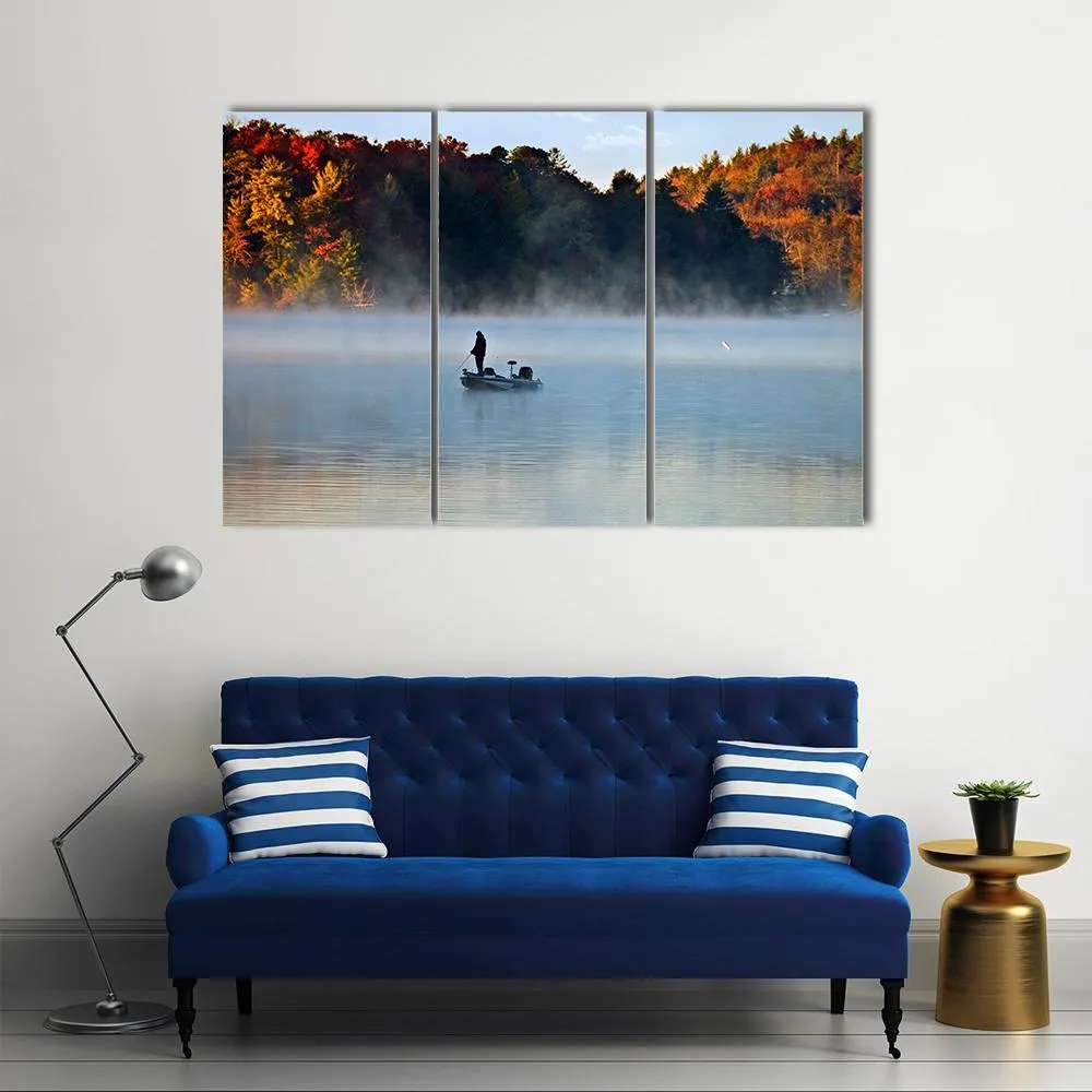 Fisherman In Foggy Morning Canvas Wall Art