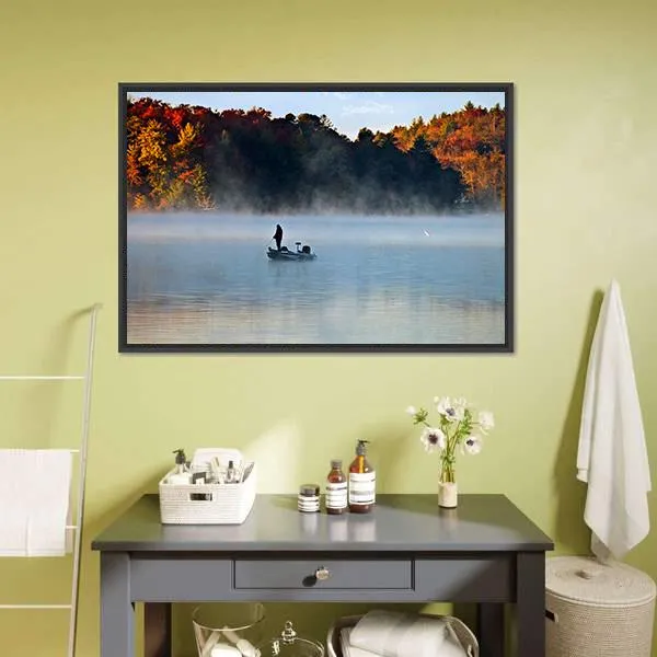 Fisherman In Foggy Morning Canvas Wall Art