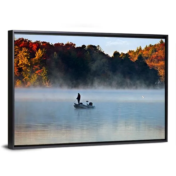 Fisherman In Foggy Morning Canvas Wall Art