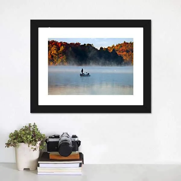 Fisherman In Foggy Morning Canvas Wall Art