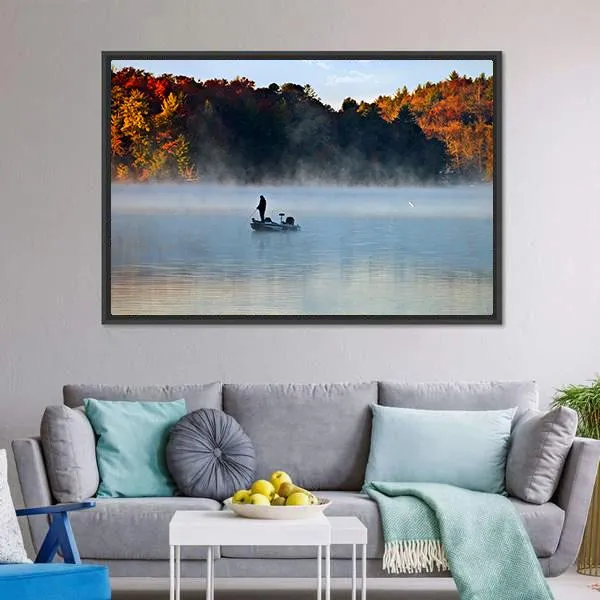 Fisherman In Foggy Morning Canvas Wall Art