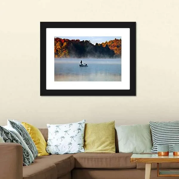 Fisherman In Foggy Morning Canvas Wall Art
