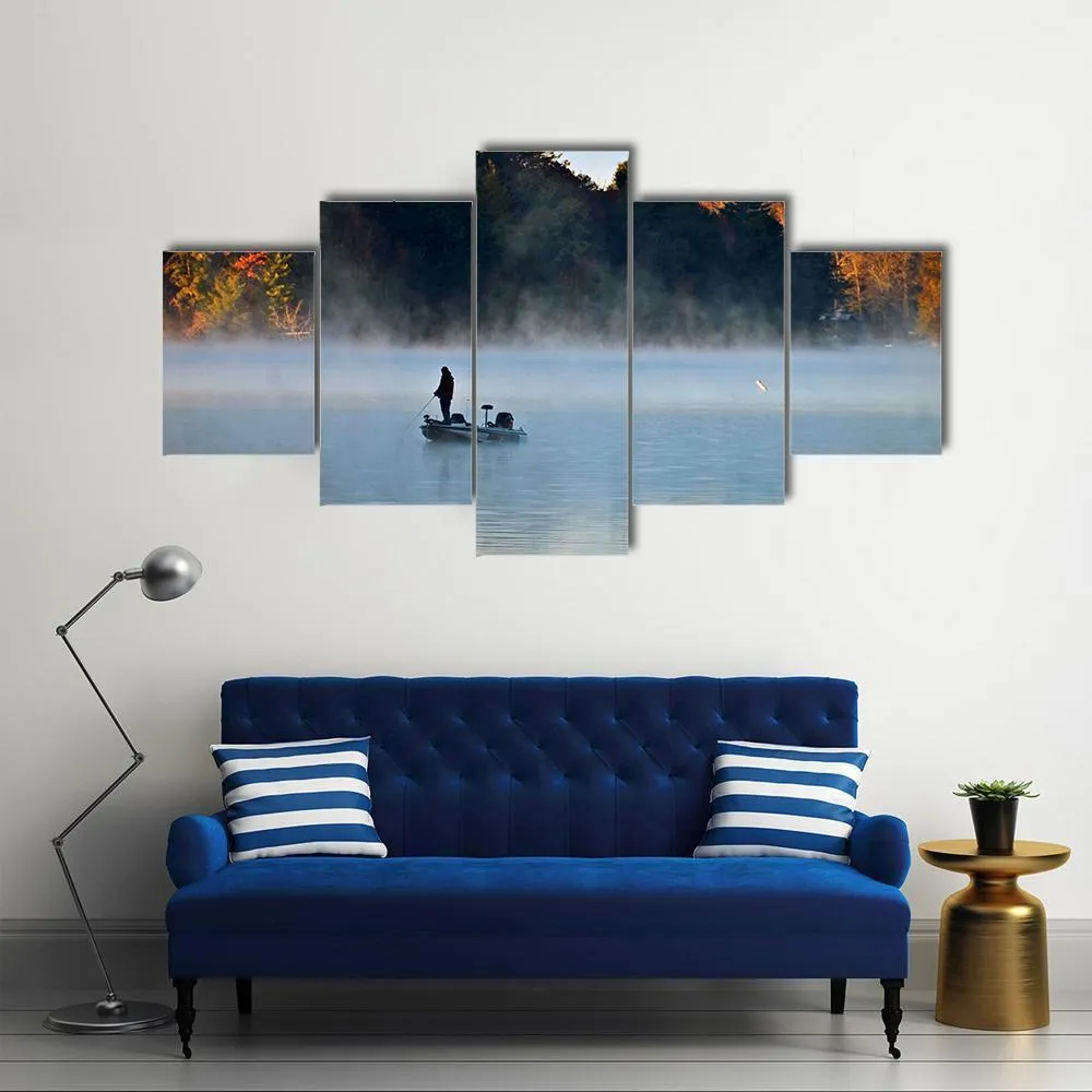 Fisherman In Foggy Morning Canvas Wall Art