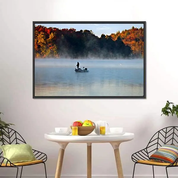Fisherman In Foggy Morning Canvas Wall Art
