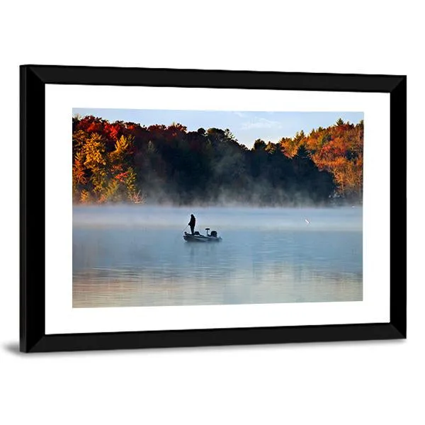 Fisherman In Foggy Morning Canvas Wall Art