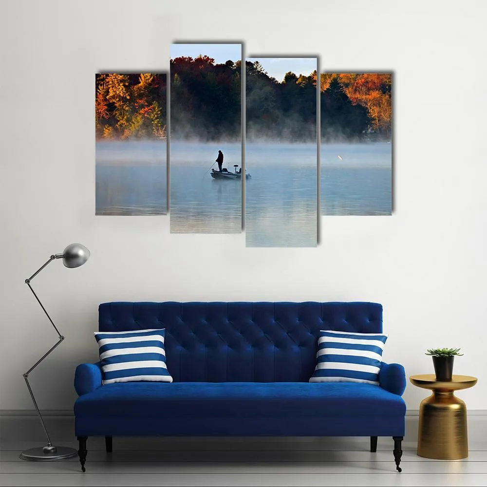 Fisherman In Foggy Morning Canvas Wall Art