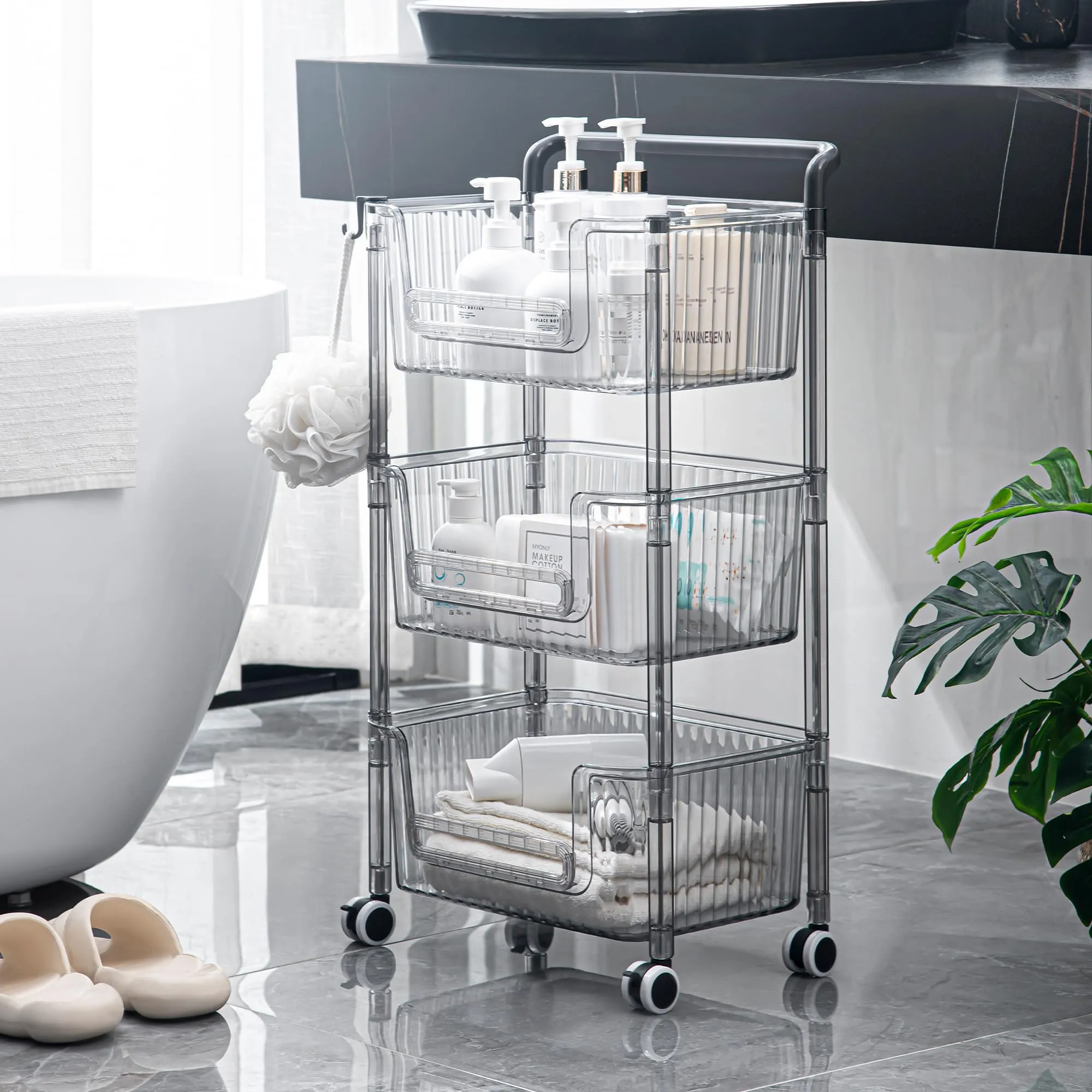 Kuber Industries Pack of 4 Multipurpose Trolley Storage Organiser | 3 Layer Shelf | Trolley with Wheels for Kitchen Accessories | Large Capacity, Easy installation, Space Saving | 2123 | Transparent