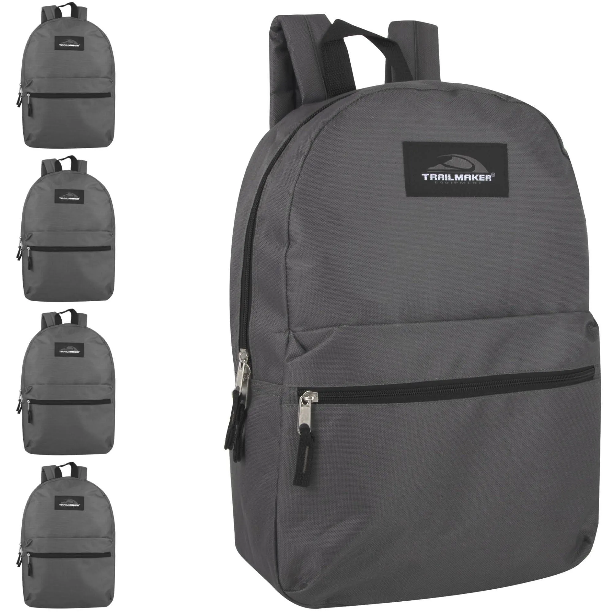 Trail Maker 24 Pack of Bulk Wholesale Basic and Classic 17 Inch Backpacks with Front Accessory Pocket, Dual Zipper Closure and Padded Adjustable Shoulder Straps for Work, School and Classrooms in Gray