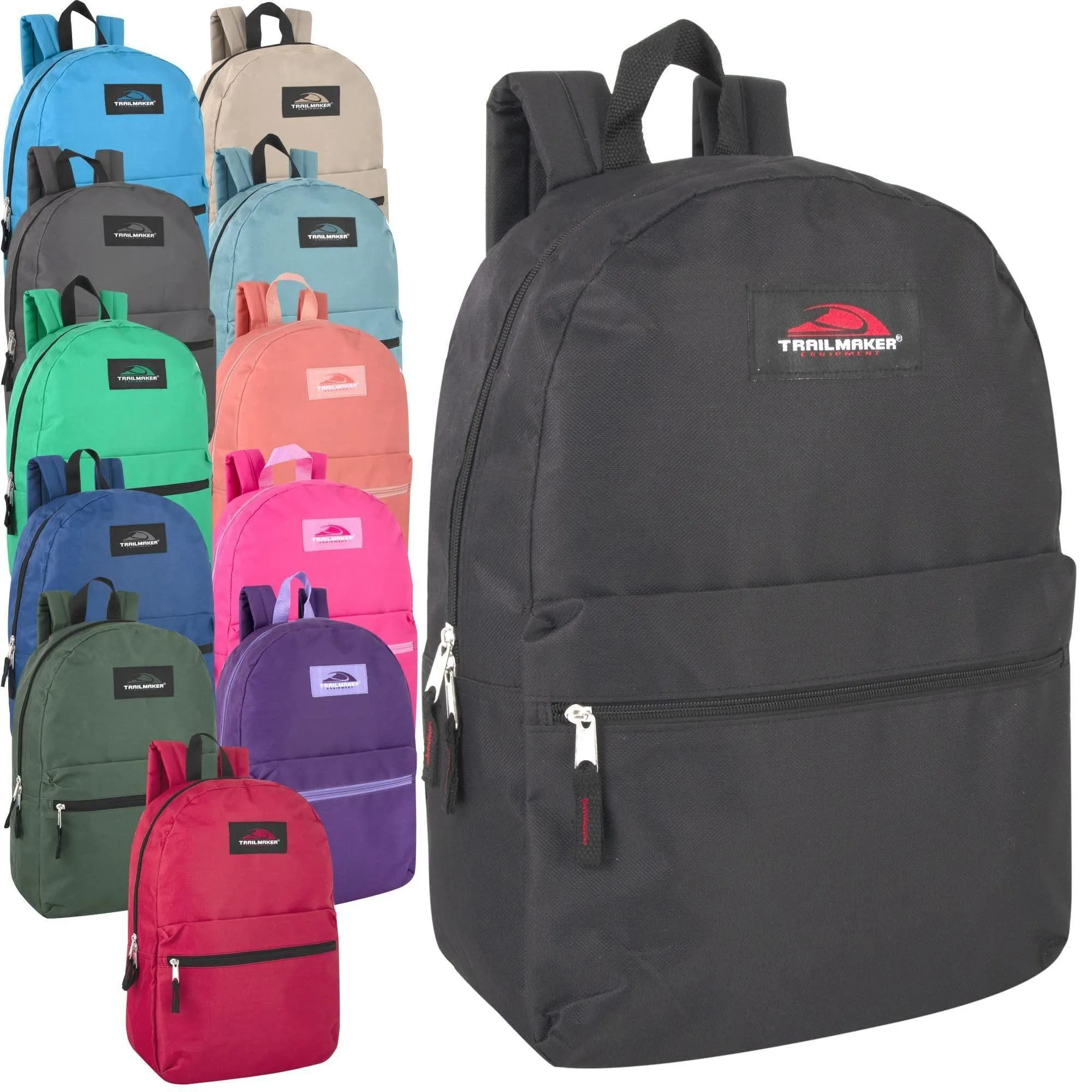 Trail Maker 24 Pack of Bulk Wholesale Basic and Classic 17 Inch Backpacks with Front Accessory Pocket, Dual Zipper Closure and Padded Adjustable Shoulder Straps for Work, School and Classrooms in Gray