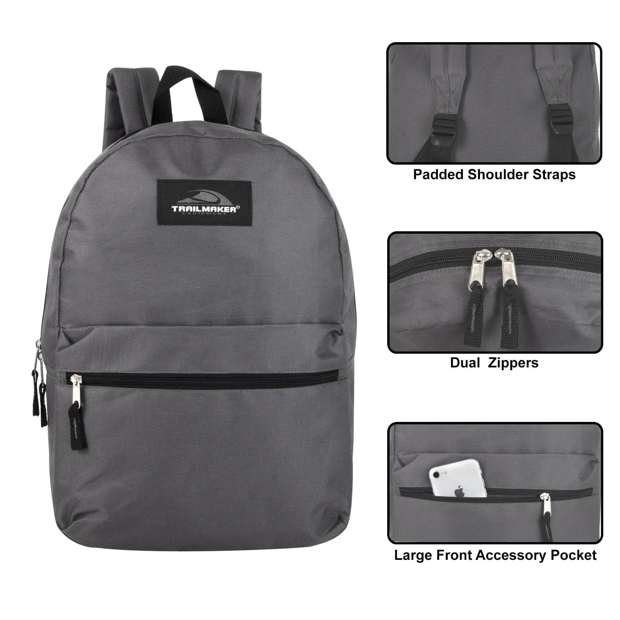 Trail Maker 24 Pack of Bulk Wholesale Basic and Classic 17 Inch Backpacks with Front Accessory Pocket, Dual Zipper Closure and Padded Adjustable Shoulder Straps for Work, School and Classrooms in Gray