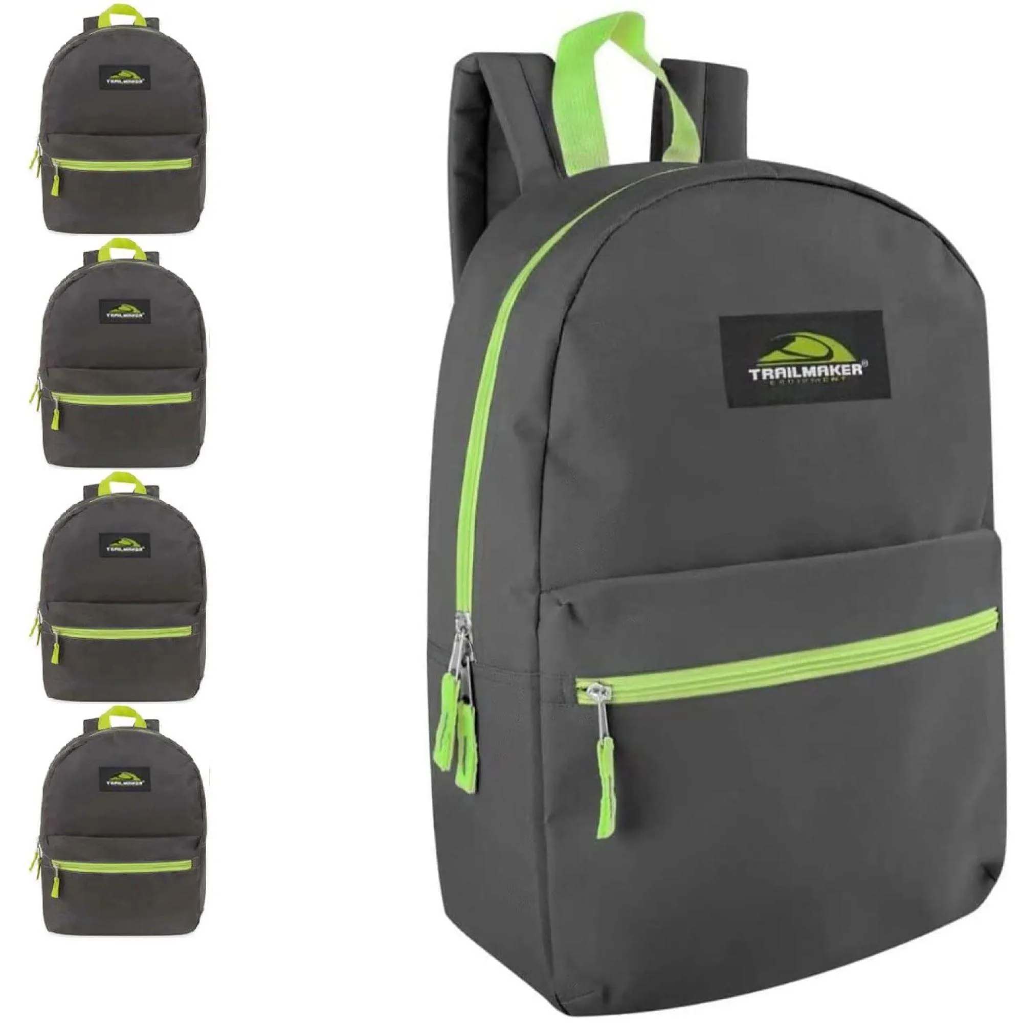 Trail Maker 24 Pack of Bulk Wholesale Basic and Classic 17 Inch Backpacks with Front Accessory Pocket, Dual Zipper Closure and Padded Adjustable Shoulder Straps for Work, School and Classrooms in Gray