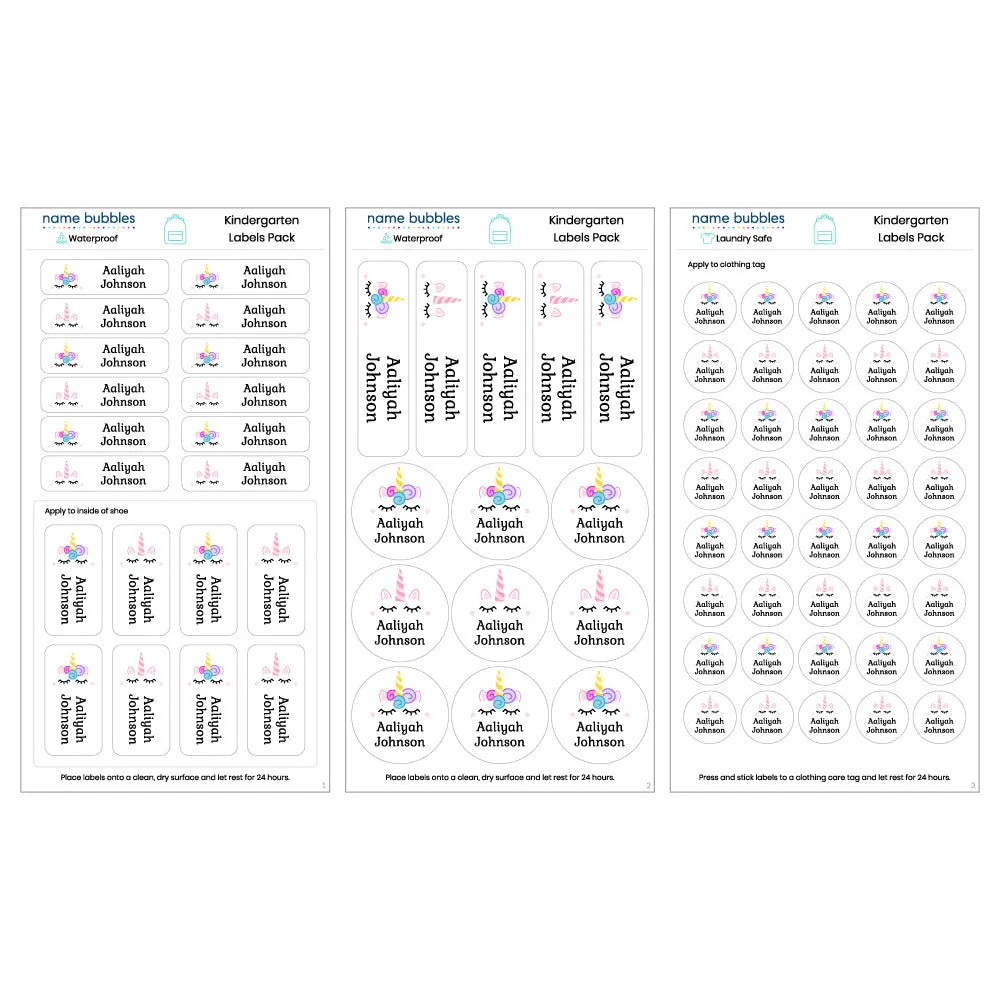 Unicorn Kindergarten Labels Pack